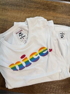 Roots Is Canada 🍁 White Tee with Rainbow 'nice' Graphic 🇨🇦